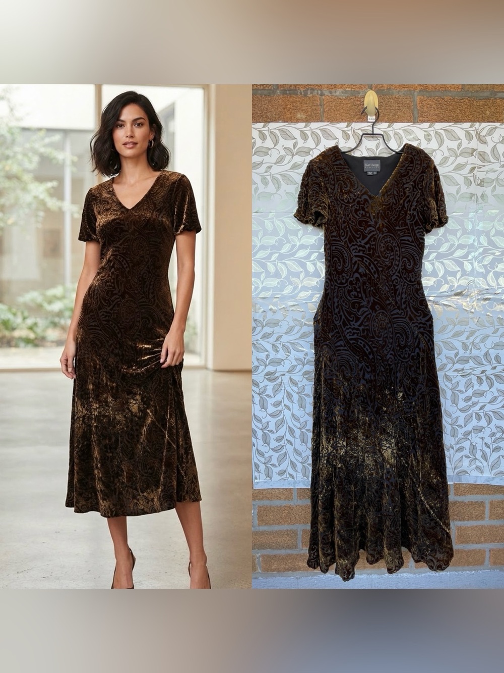 Kay Unger Silk Blend Burnout Velvet Shift Dress Size 6 Brown Gold Vintage